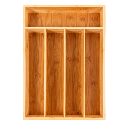 Image 1 of 5-Slot Flatware Organizer Features 5 built-in dividers to sort and organize place setting pieces; can be used in the kitchen for fork, spoon, knife, and gadget organization. All the right spaces for flatware in renewable bamboo. Designed to fit al