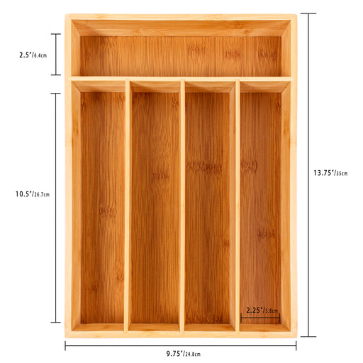 Image 2 of 5-Slot Flatware Organizer Features 5 built-in dividers to sort and organize place setting pieces; can be used in the kitchen for fork, spoon, knife, and gadget organization. All the right spaces for flatware in renewable bamboo. Designed to fit al