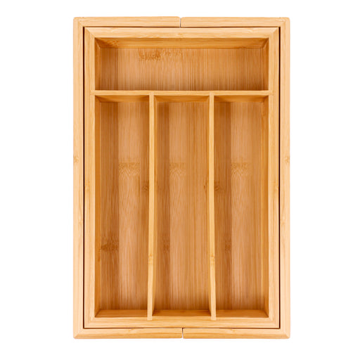 Image 1 of 6-Slot Flatware Organizer Features 5 built-in dividers to sort and organize place setting pieces; can be used in the kitchen for fork, spoon, knife, and gadget organization. All the right spaces for flatware in renewable bamboo. Designed to fit al