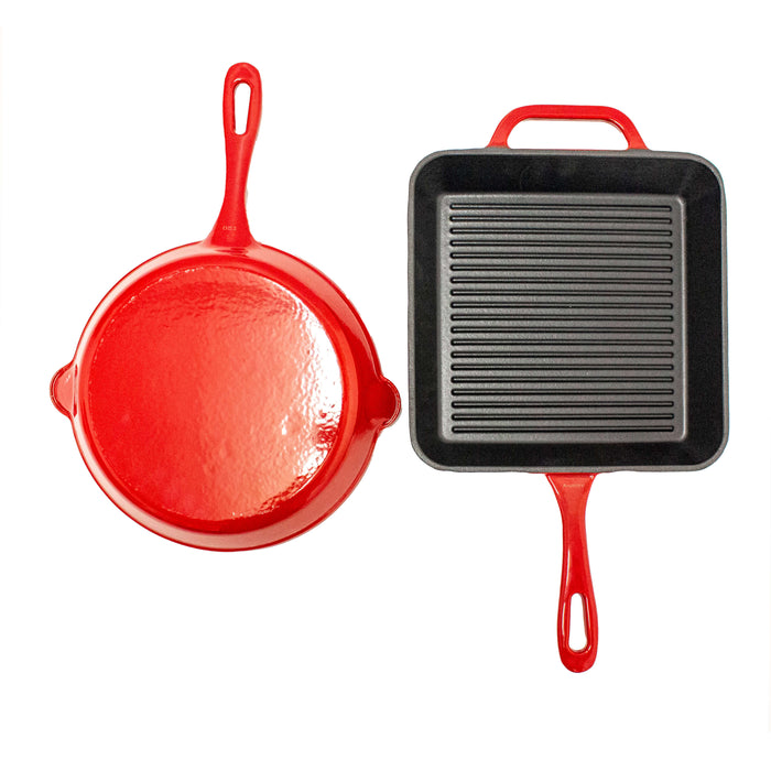 Image 4 of 2Pc Enamel Cast Iron 10" Fry Pan & 10" Grill Pan Set, Red