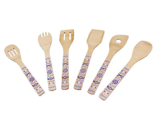 Image 1 of Patterned Bamboo 6pc Utensil Set, Blue & Orange
