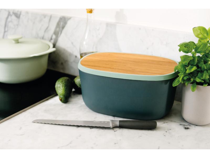 Image 2 of Leo 12.5" Bamboo Bread Box with Cutting Board, Blue & Mint