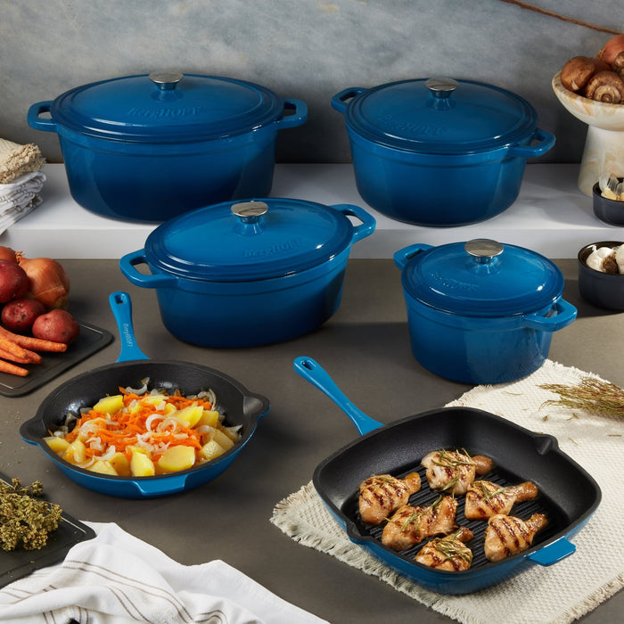 BergHOFF Neo Cast Iron 8qt. Oval Dutch Oven 13" with Lid, Blue - Dutch Ovens