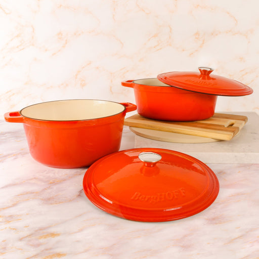 BergHOFF Neo 4pc Cast Iron Cookware Set, 5qt. & 7qt., Orange - Stock Pots