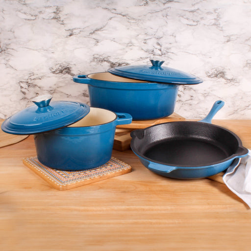 BergHOFF Neo 5pc Cast Iron Dutch Oven Set with 10" Fry Pan, 3qt. & 5qt., Blue - Cookware Sets