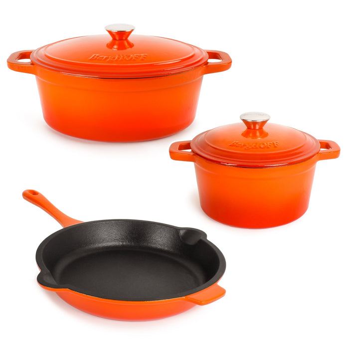 BergHOFF Neo 5pc Cast Iron Dutch Oven Set with 10" Fry Pan, 3qt. & 5qt., Orange - Stock Pots