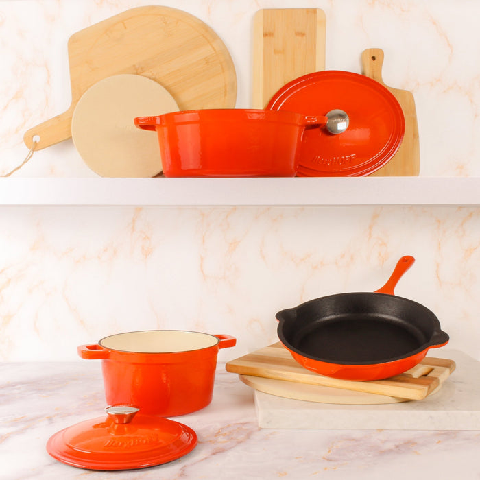 BergHOFF Neo 5pc Cast Iron Dutch Oven Set with 10" Fry Pan, 3qt. & 5qt., Orange - Stock Pots