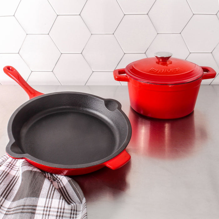 BergHOFF Neo 3pc Cast Iron Cookware Set, Fry Pan & Round Dutch Oven, Red - Dutch Ovens