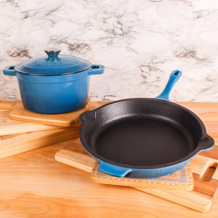 BergHOFF Neo 3pc Cast Iron Cookware Set, Fry Pan & Round Dutch Oven, Blue - Cookware Sets