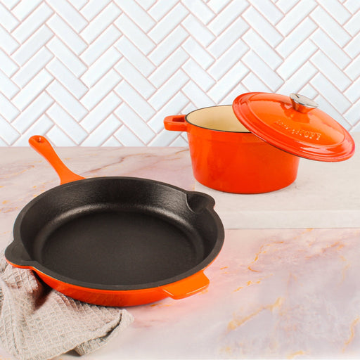 BergHOFF Neo 3pc Cast Iron Cookware Set, Fry Pan & Round Dutch Oven, Orange - Dutch Ovens