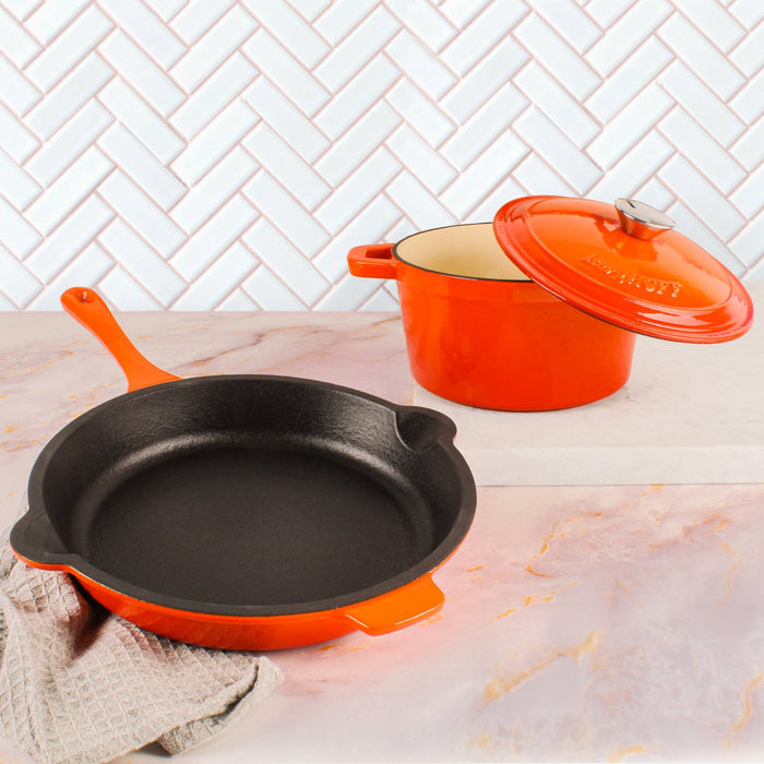 BergHOFF Neo 3pc Cast Iron Cookware Set, Fry Pan & Round Dutch Oven, Orange - Dutch Ovens