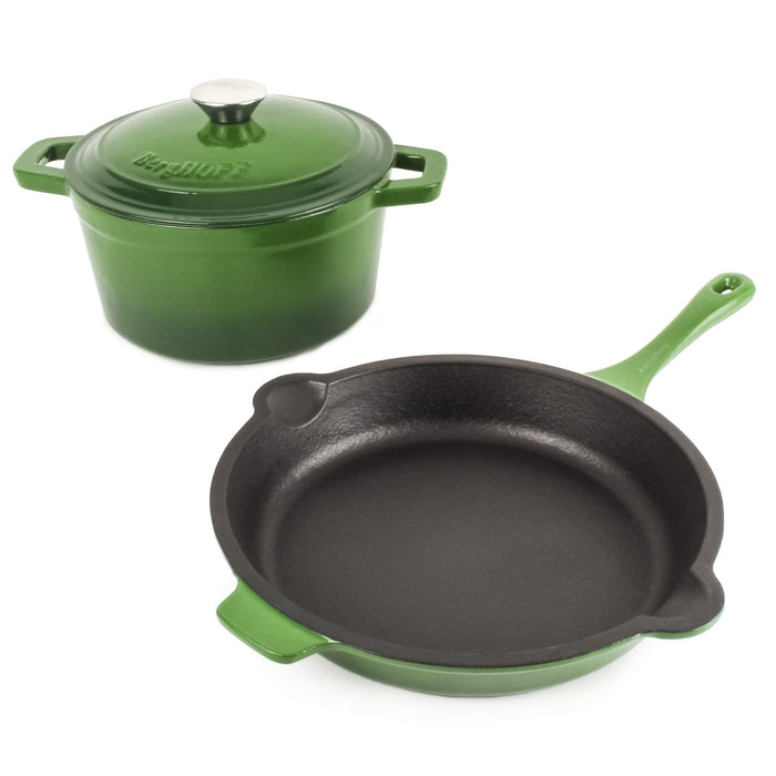 BergHOFF Neo 3pc Cast Iron Cookware Set, Fry Pan & Round Dutch Oven, Green - Cookware Sets