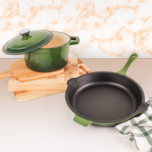 BergHOFF Neo 3pc Cast Iron Cookware Set, Fry Pan & Round Dutch Oven, Green - Cookware Sets
