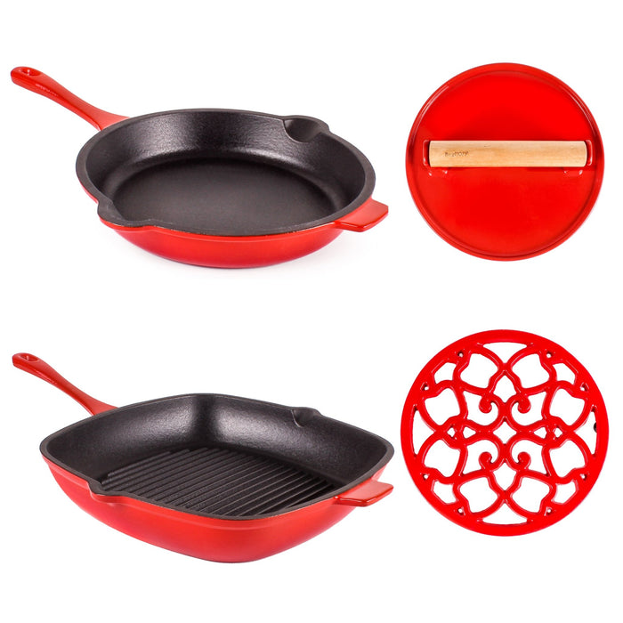 BergHOFF Neo 4pc Cast Iron Fry Pan & Grill Pan Set, Red - Cookware Sets