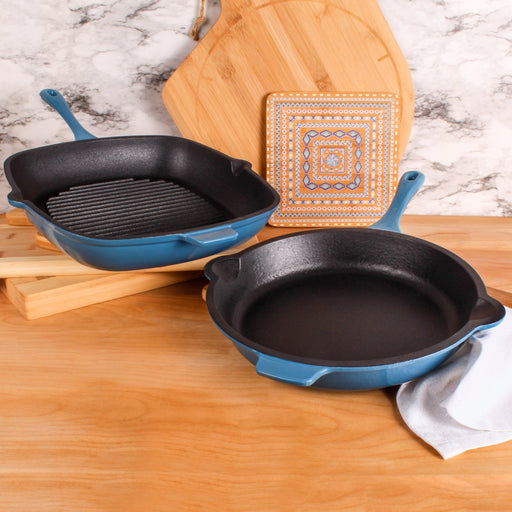 BergHOFF Neo 2pc Cast Iron 10" Fry Pan & 11" Grill Pan Cookware Set, Blue - Griddles & Grill Pans