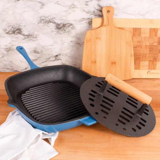 BergHOFF Neo 2pc Cast Iron 11" Grill Pan with Slotted Steak Press, Blue - Griddles & Grill Pans