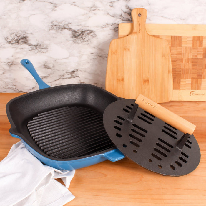 BergHOFF Neo 2pc Cast Iron 11" Grill Pan with Slotted Steak Press, Blue - Griddles & Grill Pans