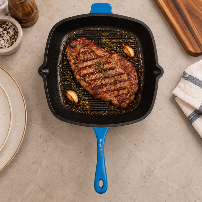 BergHOFF Neo 2pc Cast Iron 11" Grill Pan with Slotted Steak Press, Blue - Griddles & Grill Pans