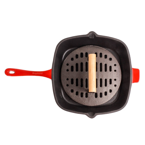 BergHOFF Neo 2pc Cast Iron 11" Grill Pan with Slotted Steak Press, Red - Griddles & Grill Pans