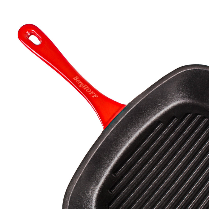 BergHOFF Neo 2pc Cast Iron 11" Grill Pan with Slotted Steak Press, Red - Griddles & Grill Pans