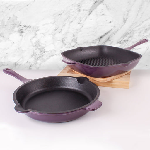 BergHOFF Neo 2pc Cast Iron 10" Fry Pan & 11" Grill Pan Cookware Set, Purple - Cookware Sets