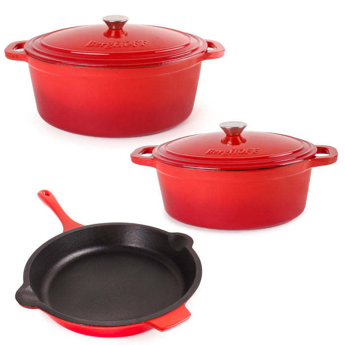 BergHOFF Neo 5pc Cast Iron Oval Dutch Oven Set with 10" Fry Pan, 5qt. & 8qt., Red - Skillets & Frying Pans