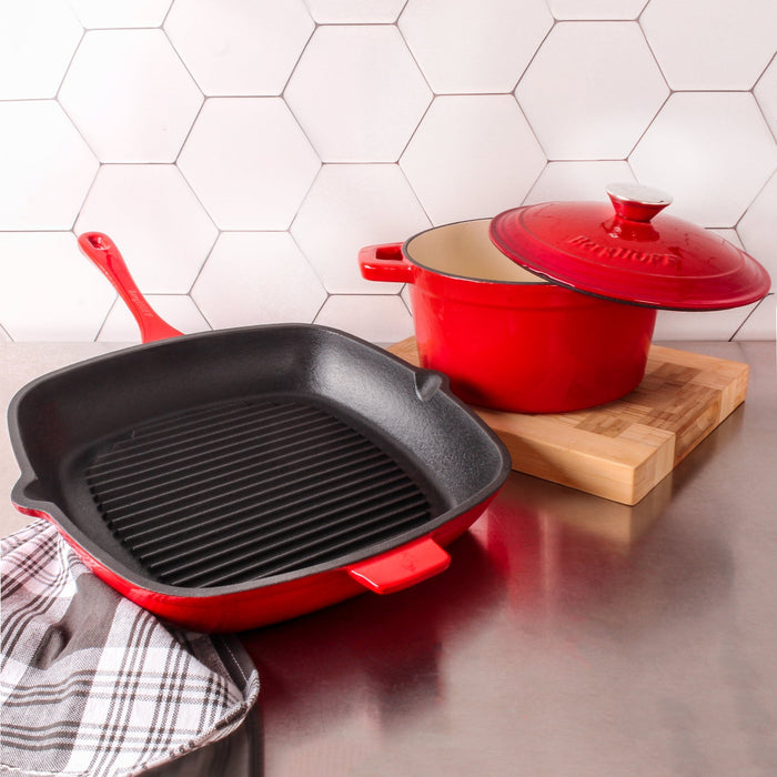 BergHOFF Neo 3pc Cast Iron Cookware Set, Grill Pan & Round Dutch Oven, Red - Griddles & Grill Pans