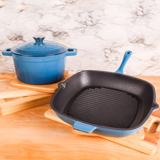 BergHOFF Neo 3pc Cast Iron Cookware Set, Grill Pan & Round Dutch Oven, Blue - Griddles & Grill Pans