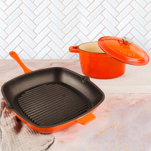 BergHOFF Neo 3pc Cast Iron Cookware Set, Grill Pan & Round Dutch Oven, Orange - Griddles & Grill Pans