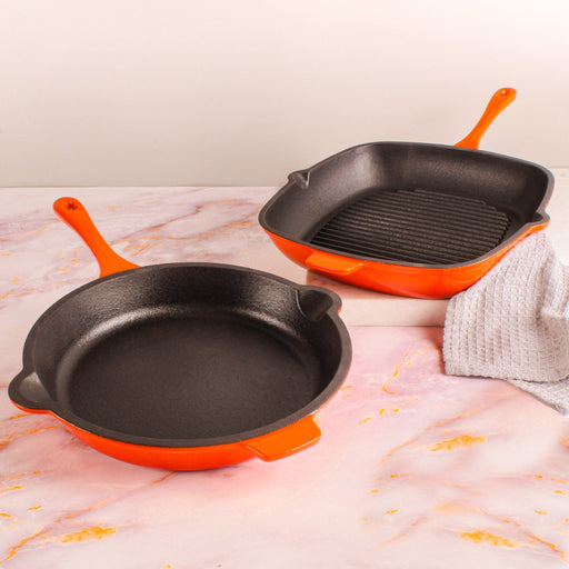 BergHOFF Neo 2pc Cast Iron 10" Fry Pan & 11" Grill Pan Cookware Set, Orange - Griddles & Grill Pans