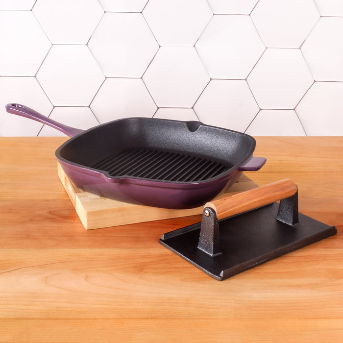BergHOFF Neo 2pc Cast Iron 11" Grill Pan with Steak Press, Purple - Griddles & Grill Pans