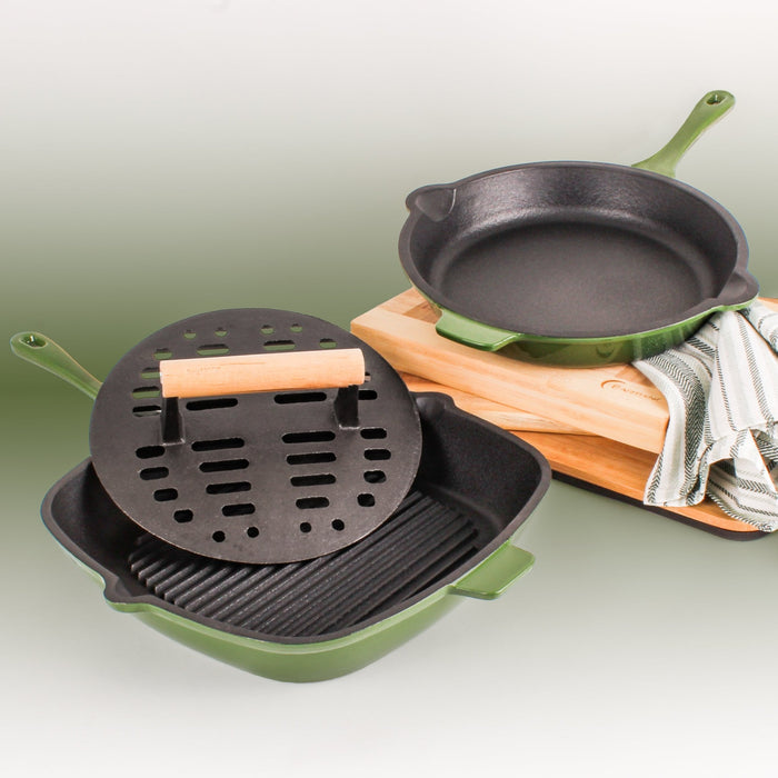 BergHOFF Neo 3pc Cast Iron Fry Pan & Grill Pan Set with Slotted Steak Press, Green - Cookware Sets