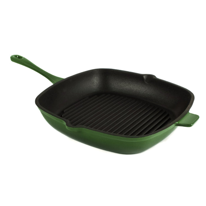 BergHOFF Neo 3pc Cast Iron Fry Pan & Grill Pan Set with Slotted Steak Press, Green - Cookware Sets