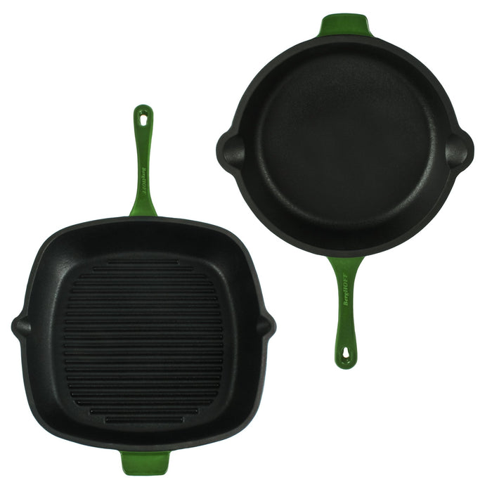BergHOFF Neo 3pc Cast Iron Fry Pan & Grill Pan Set with Slotted Steak Press, Green - Cookware Sets