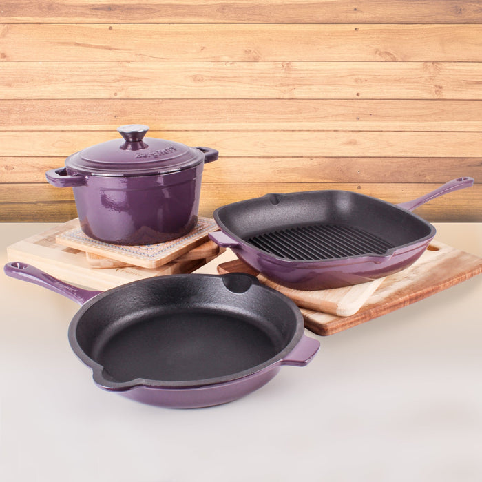 BergHOFF Neo 4pc Cast Iron Cookware Set, Fry Pan, Grill Pan & Round Dutch Oven, Purple - Cookware Sets