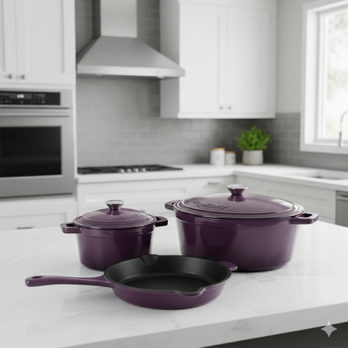 BergHOFF Neo 5pc Cast Iron Dutch Oven Set with 10" Fry Pan, 3qt. & 5qt., Purple - Cookware Sets