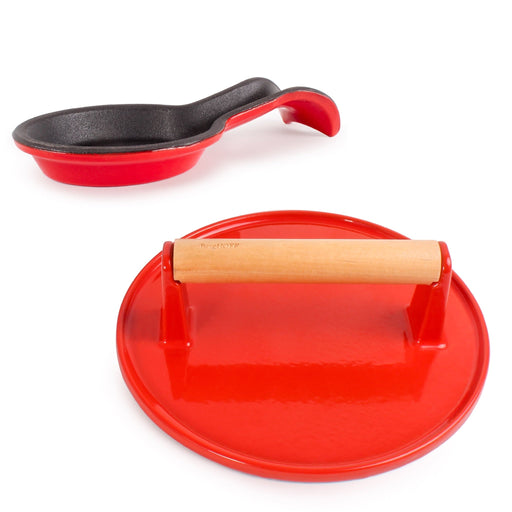 BergHOFF Neo 2pc Cast Iron Spoon Rest and Steak Press Set, Red - Grill Presses