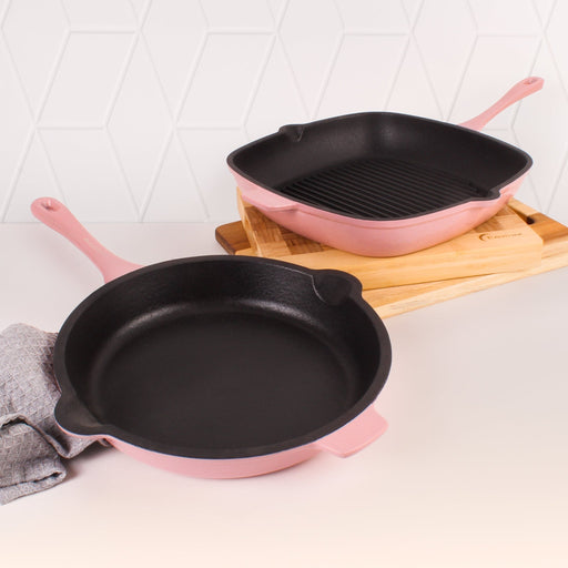 BergHOFF Neo 2pc Cast Iron 10" Fry Pan & 11" Grill Pan Cookware Set, Pink - Griddles & Grill Pans