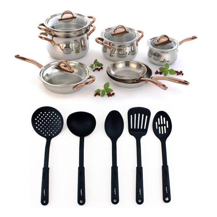 BergHOFF Ouro Gold 16Pc 18/10 Stainless Steel Cookware Set with Glass Lids - Cookware Sets