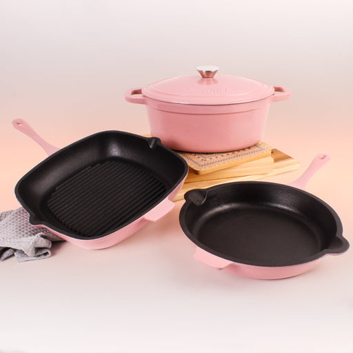 BergHOFF Neo 4pc Cast Iron Cookware Set, Grill Pan, Fry Pan & Oval Dutch Oven, Pink - Cookware Sets