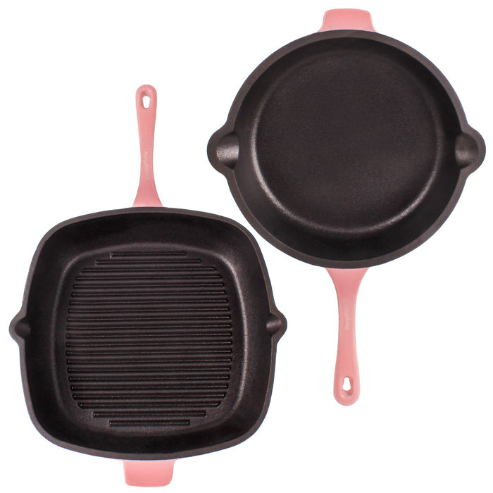 BergHOFF Neo 4pc Cast Iron Cookware Set, Grill Pan, Fry Pan & Oval Dutch Oven, Pink - Cookware Sets