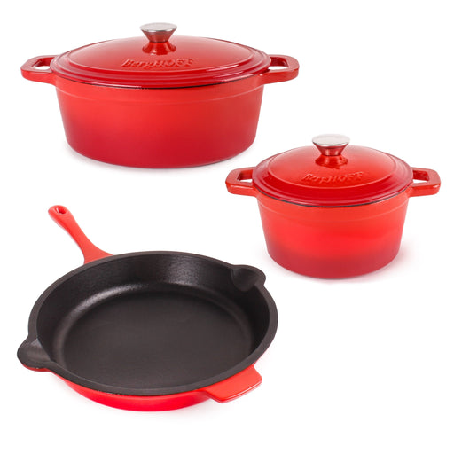 BergHOFF Neo 5pc Cast Iron Dutch Oven Set with 10" Fry Pan, 3qt. & 5qt., Red - Stock Pots