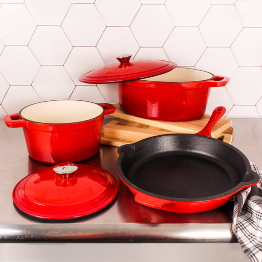 BergHOFF Neo 5pc Cast Iron Dutch Oven Set with 10" Fry Pan, 3qt. & 5qt., Red - Stock Pots