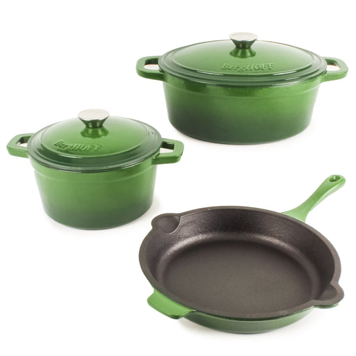 BergHOFF Neo 5pc Cast Iron Dutch Oven Set with 10" Fry Pan, 3qt. & 5qt., Green - Stock Pots