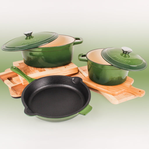 BergHOFF Neo 5pc Cast Iron Dutch Oven Set with 10" Fry Pan, 3qt. & 5qt., Green - Stock Pots
