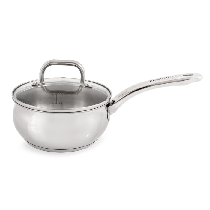 BergHOFF Belly Shape 18/10 Stainless Steel 6.25" Sauce Pan with Glass Lid, 1.5qt. - Saucepans