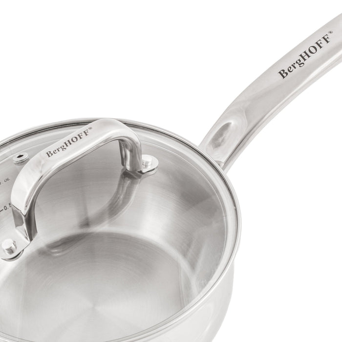 BergHOFF Belly Shape 18/10 Stainless Steel 6.25" Sauce Pan with Glass Lid, 1.5qt. - Saucepans