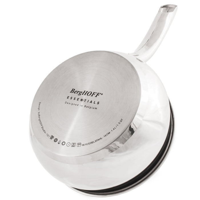 BergHOFF Belly Shape 18/10 Stainless Steel 6.25" Sauce Pan with Glass Lid, 1.5qt. - Saucepans