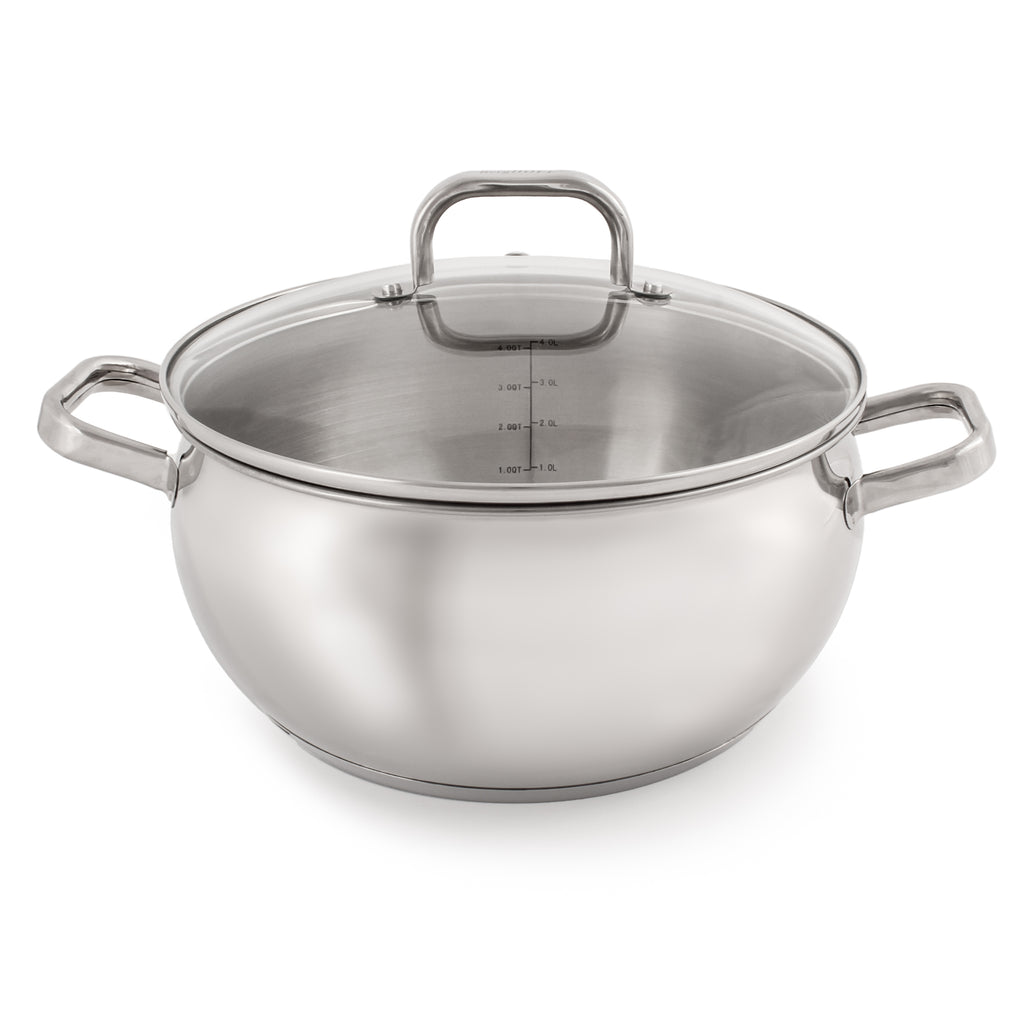 BergHOFF Belly Shape 18/10 Stainless Steel 9.5" Stock Pot with Glass Lid, 5.5qt.