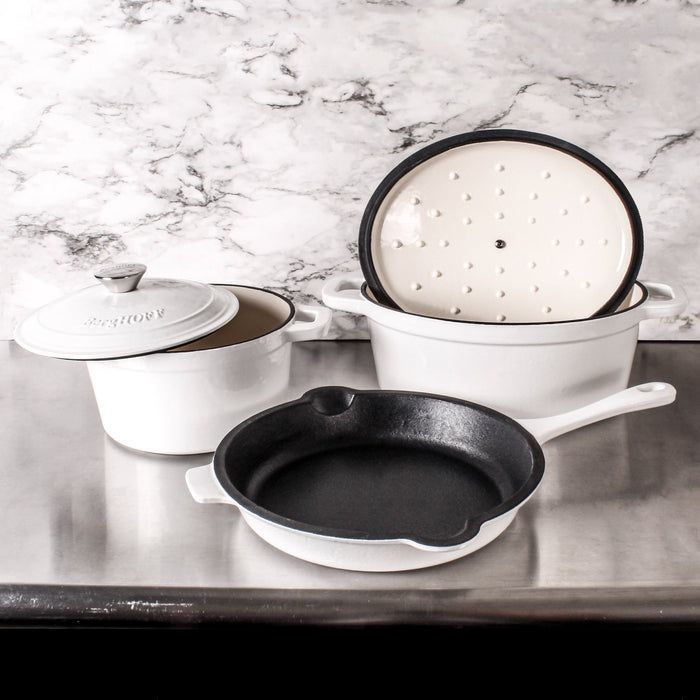 BergHOFF Neo 5pc Cast Iron Dutch Oven Set with 10" Fry Pan, 3qt. & 5qt., White - Cookware Sets